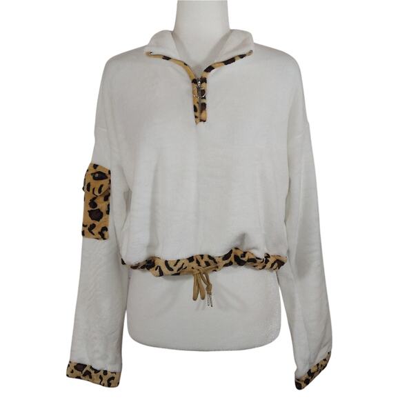 Y White Quarter Zip Leopard Cheetah Print Fleece Pullover Cropped Sweater NWT XL - Picture 1 of 9